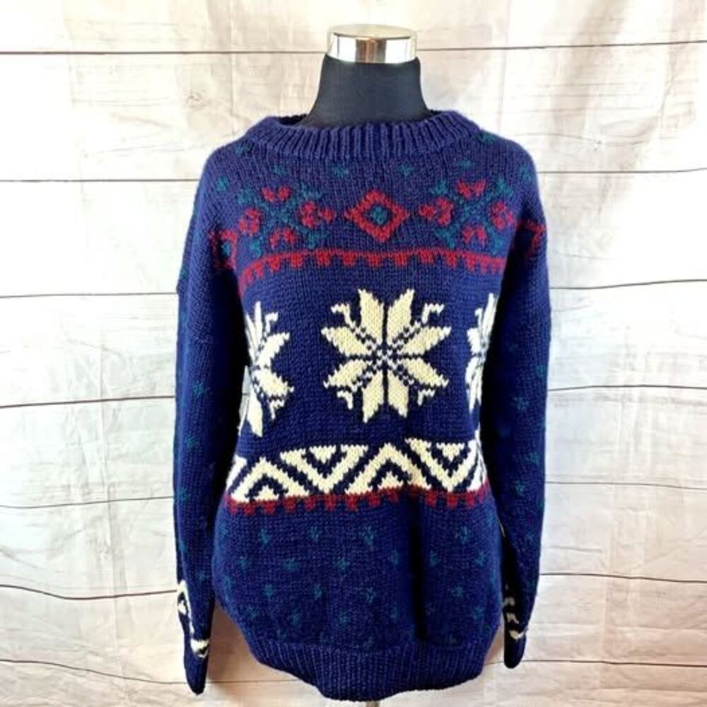 vintage Handknit wool sweater pullover Aztec Tribal Medium M Ski Aran retro